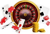 roulette and falling dice cards chips